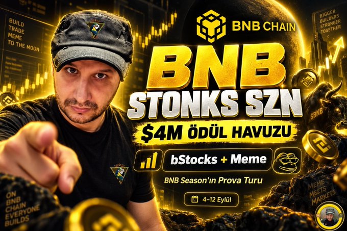 A promotional graphic for 'BNB STONKS SZN' featuring a man in a cap pointing forward, advertising a $4M prize pool for BNB Chain's 'bStocks + Meme' trading tournament from 4-12 Eylül.