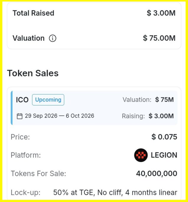 A token sale information panel showing a Total Raised of $3.00M and Valuation of $75.00M, with details for an upcoming ICO on LEGION platform priced at $0.075, running from 29 Sep 2026 to 6 Oct 2026.