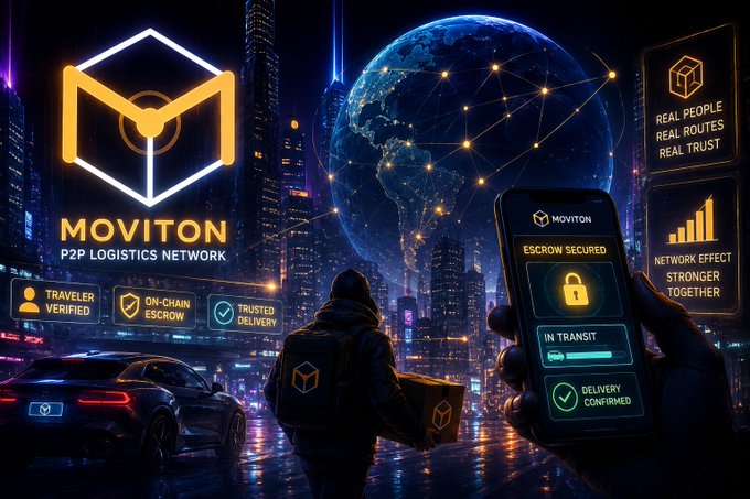 A promotional graphic for 'MOVITON P2P LOGISTICS NETWORK' featuring a city skyline, a delivery person, a smartphone showing an app with 'ESCROW SECURED' and 'DELIVERY CONFIRMED', and text boxes reading 'TRAVELER VERIFIED', 'ON-CHAIN ESCROW', 'TRUSTED DELIVERY', 'REAL PEOPLE REAL ROUTES REAL TRUST', and 'NETWORK EFFECT STRONGER TOGETHER'.
