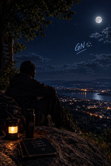 A nighttime scene of a silhouetted figure sitting on a cliff edge overlooking a city and body of water under a full moon, with a glowing lantern and a thermos nearby, and 'GN' signed in the sky.