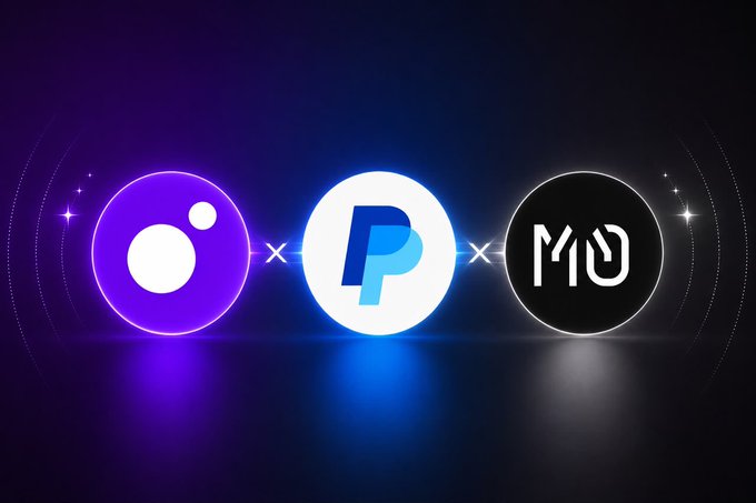 A graphic showing three cryptocurrency logos connected by multiplication signs (×): a purple Polygon's MATIC token, the blue and white PayPal logo, and a black circular logo with "M0" text.