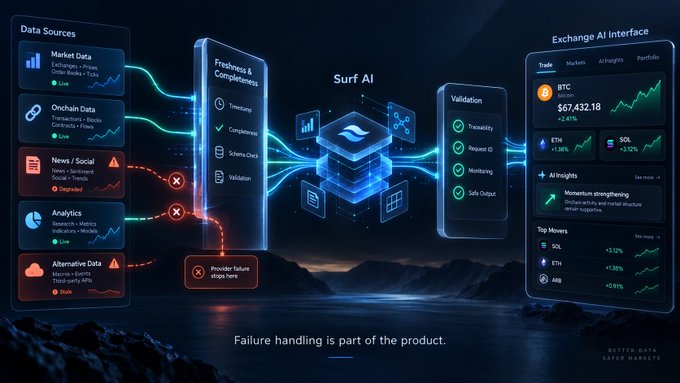 A futuristic dashboard infographic titled 'Surf AI' showing data flowing from sources like Market Data, Onchain Data, News/Social, Analytics, and Alternative Data through a 'Freshness & Completeness' filter into an Exchange AI Interface displaying BTC at $67,432.18, ETH and SOL, and 'Top Movers' including SOL +3.12%, ETH +1.35%, and ABG +0.91%, with the tagline 'Failure handling is part of the product' and 'Better Data Safer Markets'.