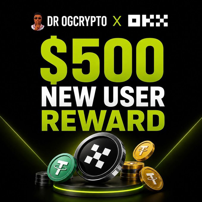 The image is a promotional graphic announcing a "$500 NEW USER REWARD" giveaway, featuring the "DR OGCRYPTO x OKX" partnership branding with a stylized character icon and 3D-rendered crypto coins (USDT) displayed on a neon-lit platform. It visually reinforces the accompanying post's $500 giveaway announcement tied to OKX, encouraging new user sign-ups and engagement.