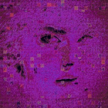 A pixelated, purple-toned portrait of a face with closed eyes, rendered in a mosaic-like, glitch art style with scattered square artifacts.