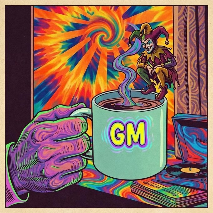 A psychedelic illustration shows a purple hand holding a glowing teal mug labeled "GM" with a jester sitting on its rim, against a colorful swirling background with a goat-headed figure visible.