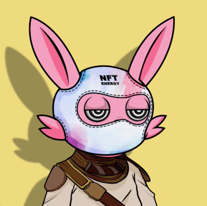 A cartoon illustration of a pink bunny character wearing a mask with 'NFT ENERGY' written on the forehead.