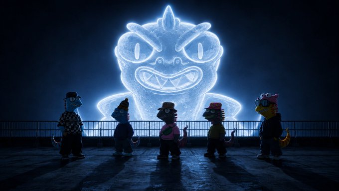 Five silhouetted cartoon characters stand before a massive, glowing blue spectral figure with a menacing grin and sharp teeth, set against a dark background. The eerie, supernatural imagery aligns with the post's promotion of a townhall for the @creepz NFT project under new ownership, teasing upcoming developments for the community.