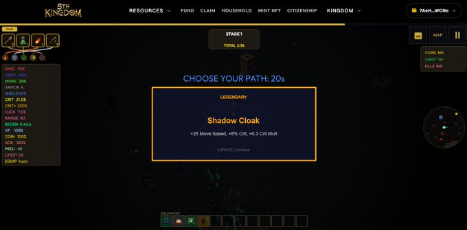 A screenshot from the game '5TH KINGDOM' showing a 'CHOOSE YOUR PATH' selection popup for a legendary 'Shadow Cloak' item with stat bonuses including +25 Move Speed and +8% Crit.