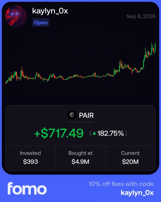A Fomo app portfolio card for user 'kaylyn_0x' showing a +$717.49 (182.75%) gain on the PAIR token, invested at $393, bought at $4.9M, current $20M.