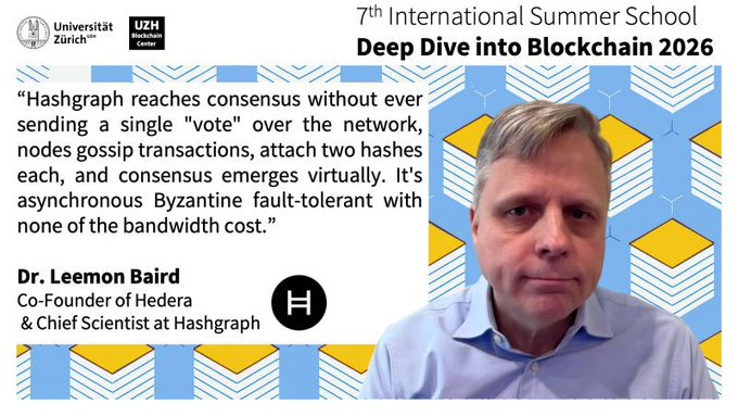 A promotional graphic for the '7th International Summer School Deep Dive into Blockchain 2026' features Dr. Leemon Baird, Co-Founder of Hedera & Chief Scientist at Hashgraph, next to a quote explaining how the network achieves Byzantine fault tolerance.