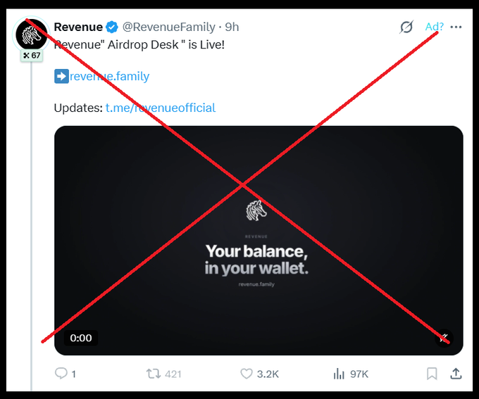 A Twitter/X post from 'Revenue' (@RevenueFamily) announcing the 'Airdrop Desk' is Live, overlaid with a large red X indicating it's a scam.