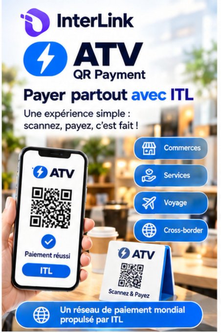 A French advertisement for InterLink's ATV QR Payment service, showing a phone with a successful payment confirmation.