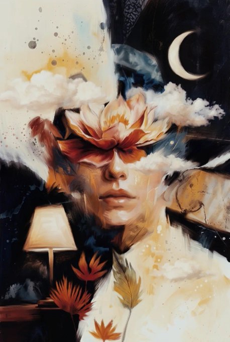A surreal painting featuring a face with autumn leaves covering the eyes, surrounded by clouds, a crescent moon, a lamp, and falling leaves.