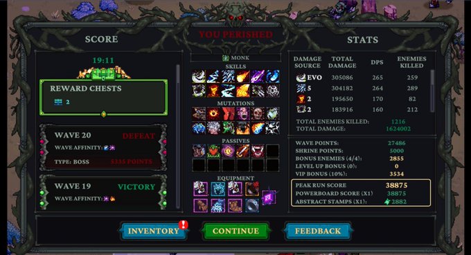 A 'YOU PERISHED' game over screen from a video game showing stats, skills, mutations, and equipment, indicating defeat on Wave 20 of a boss fight with 2,116 enemies killed.