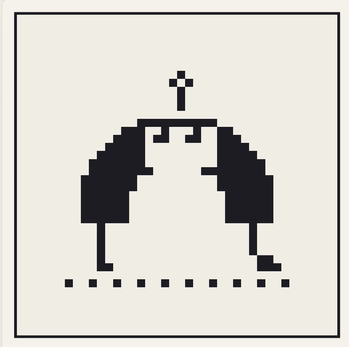 Pixel-art style black icon depicting a figure with a cross above its head, an arched doorway-like shape forming its body, and a dotted line below.