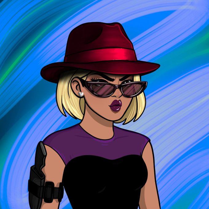 Cartoon illustration of a blonde woman wearing a red fedora hat, dark sunglasses, a black and purple outfit, and carrying a gun in a thigh holster against a blue swirled background.