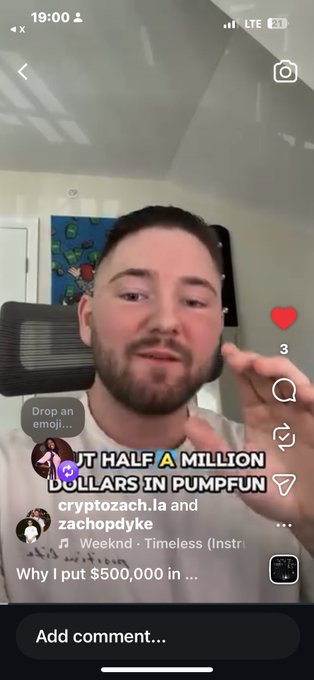 A vertical video screenshot showing a man speaking to the camera with the caption 'PUT HALF A MILLION DOLLARS IN PUMPFUN' overlaid, along with usernames like 'cryptozach.la' and 'zachopdyke'.