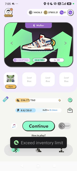 A mobile game screenshot showing a 'Walker' sneaker at Level 30, with progress bars indicating energy and inventory status, and a notification reading 'Exceed inventory limit'.