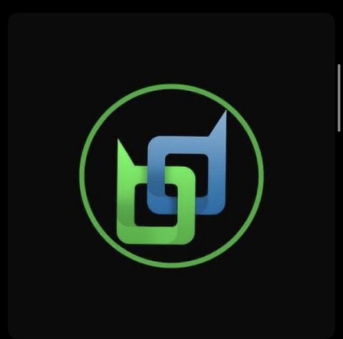 A black square icon featuring two interlocking chain-like shapes, one green and one blue, enclosed within a thin green circle on a dark background.
