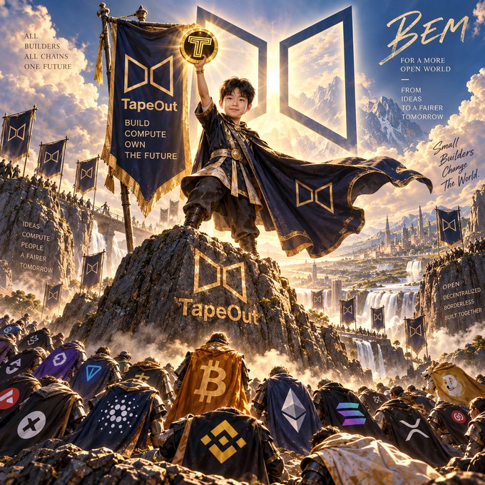 An AI-generated fantasy promotional image for 'TapeOut' with the tagline 'ALL BUILDERS ALL CHAINS ONE FUTURE' and 'BEm - FOR A MORE OPEN WORLD', showing a child holding a 'T' medallion on a rocky cliff surrounded by banners featuring various cryptocurrency logos.