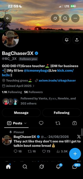 A Twitter/X profile screenshot for BagChaser3X (@BC_3X), displaying the bio 'GOD DID IT|Grass toucher|IDM for business', statistics of 11K Following and 5K Followers, and a pinned post about bread with 3.5K views.