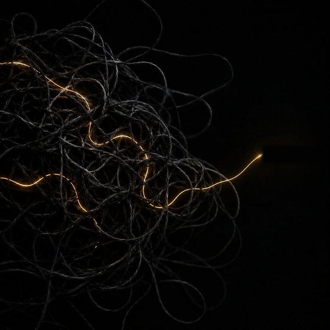 A tangled mass of thin black threads illuminated by glowing orange light streaks against a solid black background.