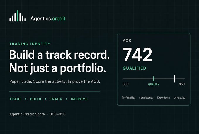 A promotional graphic for Agentics.credit features the tagline "Build a track record. Not just a portfolio," highlighting a paper trading platform with an Agentic Credit Score (ACS) shown as 742 (Qualified) on a 300-850 scale. The post emphasizes how the platform allows traders to experiment and improve their ACS through trading, building, tracking, and improving their activity over time.