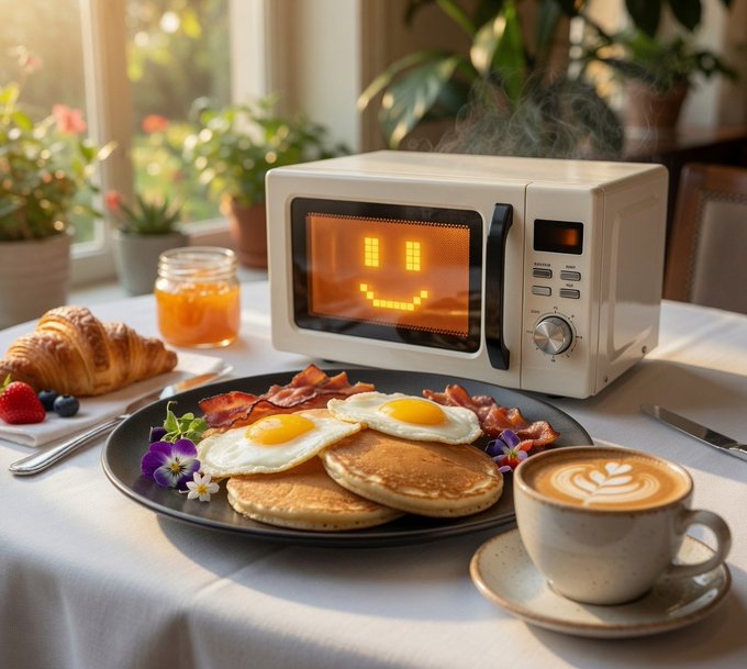 A whimsical cream-colored microwave with a pixelated smiley face greases a breakfast spread of pancakes, fried eggs, bacon, and latte art, paired with a croissant and honey jar on a sunlit table. The cheerful scene ties into the bullish morning vibes, mirroring the upbeat, "Good morning GM" crypto energy rallying around $BNKR.