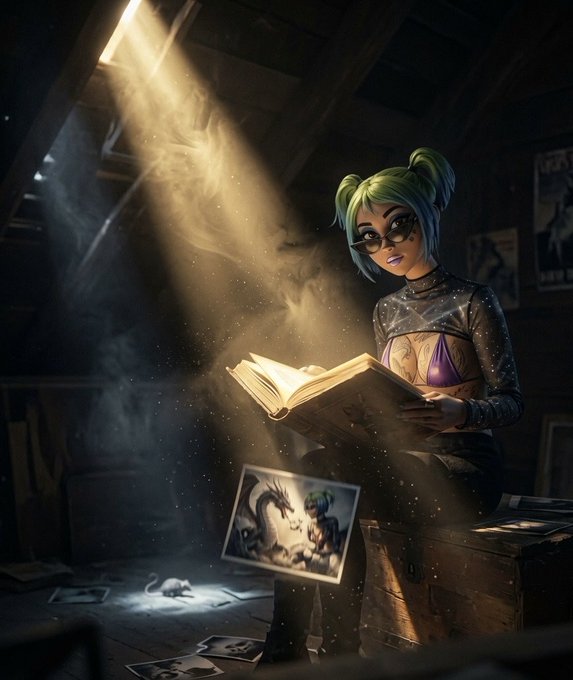 Digital artwork of a green-haired character in sunglasses reading a glowing book in a dark, dusty room with a beam of sunlight streaming in.