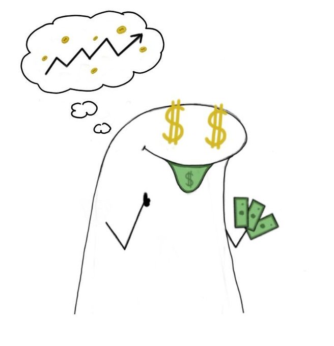 A cartoon figure with dollar signs for eyes stares longingly at green cash while dreaming of a rising chart with coins, illustrating the post's message about financial investing—how chasing 2x, 5x, or 10x returns often quickly transforms ambitious investors into people who just hope to "break even."