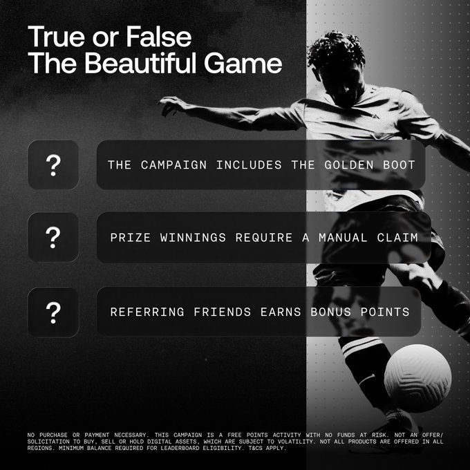 The image displays a black-and-white "True or False" quiz titled "The Beautiful Game," featuring a silhouetted soccer player, with three statements to evaluate: "The campaign includes the Golden Boot," "Prize winnings require a manual claim," and "Referring friends earns bonus points." It serves as the visual prompt for OKX's Weekend Quiz tweet, encouraging followers to retweet and comment their answers for a chance to win $500 USDT.