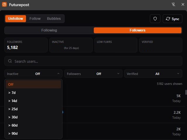 The image shows a "Futurepost" dashboard interface displaying 5,182 followers with filtering options for inactive users, low followers, and verified accounts. A dropdown menu is open showing inactivity thresholds (7d, 14d, 25d, 30d, 60d, 90d), highlighting how the tool allows users to assess audience quality beyond just follower count.

The screenshot directly illustrates the post's message about prioritizing audience quality over vanity metrics, showing the granular filtering tools available to distinguish genuine, active followers from inactive or low-quality accounts.
