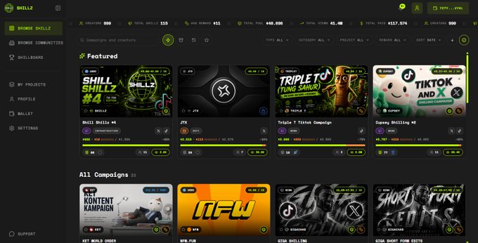 A dark-themed web interface for 'SHILLZ' displays a Browse Shillz dashboard featuring various NFT-style campaigns in the Featured and All Campaigns sections, including 'Shill Shillz #4', 'Triple T', 'TikTok And X', and 'NFW'.