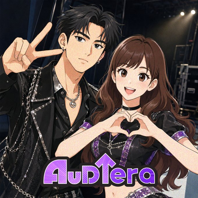 Anime-style illustration of a male and female character in concert attire, with the male flashing a peace sign and the female making a heart shape, labeled 'Auptera'.