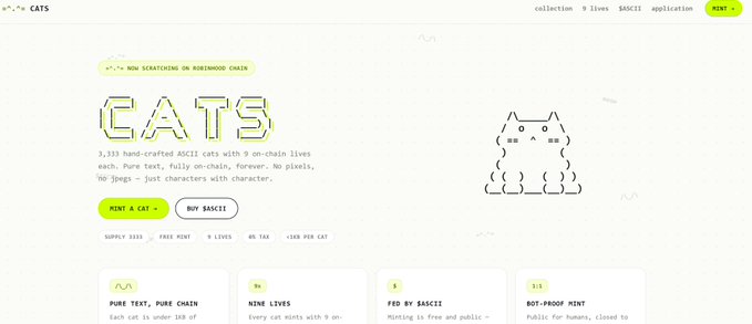A webpage for a 'CATS' NFT collection, described as '3,333 hand-crafted ASCII cats with 9 on-chain lives' on the BASE chain, featuring a pixelated cat illustration and a price of '0.1Ξ'.