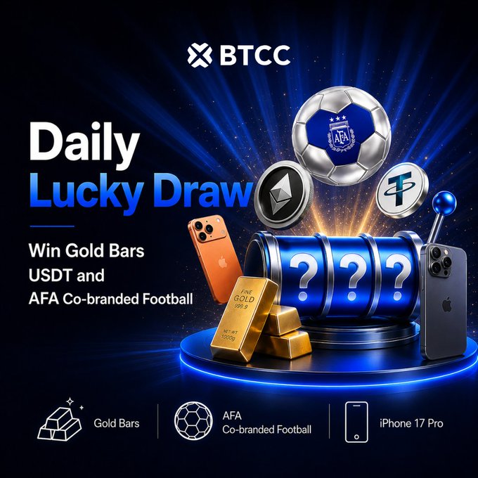 A BTCC promotional banner for a "Daily Lucky Draw" with prizes including gold bars, an AFA Co-branded Football, and an iPhone 17 Pro, tied to a YouTube giveaway requiring users to subscribe, like, comment, and provide their BTCC UID with a TRC20 wallet to win 100 USDT.
