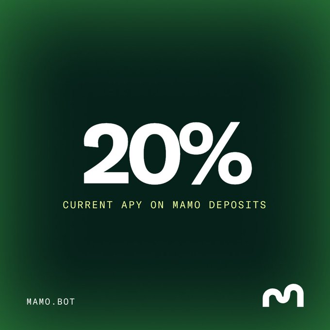 A dark green promotional graphic advertises '20% CURRENT APY ON MAMO DEPOSITS' with the MAMO.BOT branding.