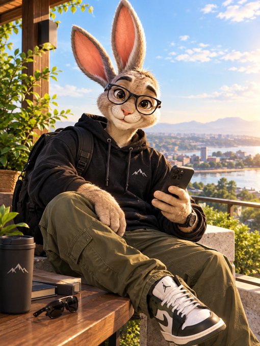 An anthropomorphic rabbit wearing glasses, a black hoodie, and Jordan sneakers sits on a bench holding a smartphone, with a scenic lake and cityscape in the background.