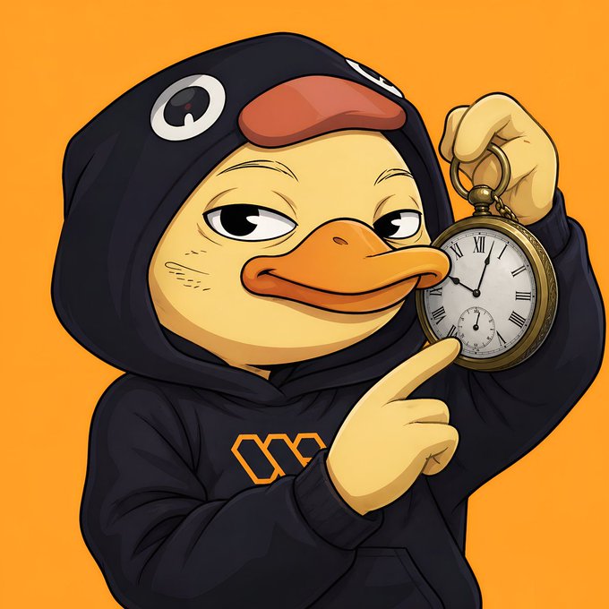 The image features a cartoon duck wearing a hoodie, holding an analog clock with its beak pointing towards the time displayed on the clock face. The background of the image is orange, which complements the black and white color scheme of the cartoon duck's outfit. The text in the image reads "Quack storm" and "Time is coming very soon when quackers get their share". This phrase suggests that a Quack storm is approaching, possibly due to the Quack storm gift from @wallchain.