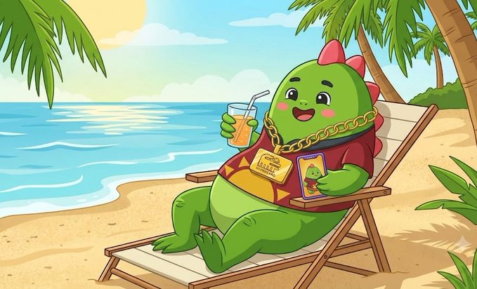 The image features a cartoon green dinosaur sitting comfortably on a beach chair while holding an orange drink. The background of the image shows palm trees, which adds to the tropical atmosphere. The caption provided after the image highlights the importance of sleep for overall health and well-being, as well as the crypto user experience.