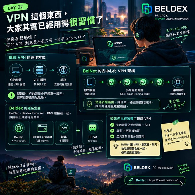 An infographic in Chinese explaining Beldex's decentralized VPN (BelNet) compared to traditional VPNs, featuring the Beldex logo and various diagrams about privacy and routing.