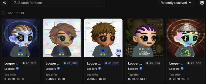 An NFT marketplace interface displaying 553 items, featuring multiple 'Looper' character NFTs priced around 0.0079 WETH each, with various top offers ranging from 1,052 to 5,014.