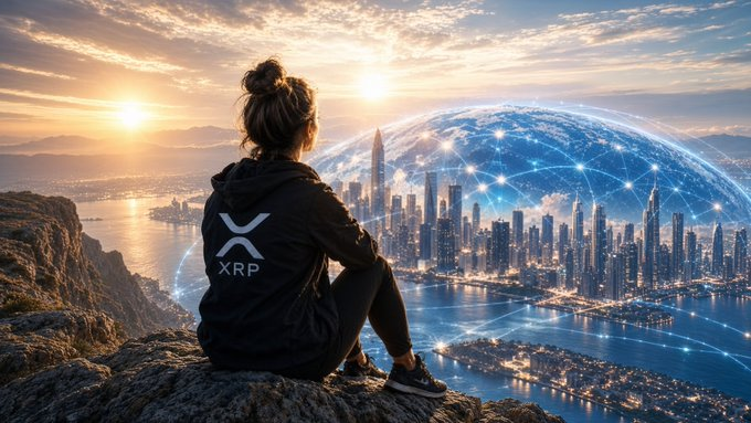 A woman wearing a black hoodie with the XRP logo sits on a rocky overlook, gazing at a futuristic city skyline enclosed in a glowing digital dome at sunset.