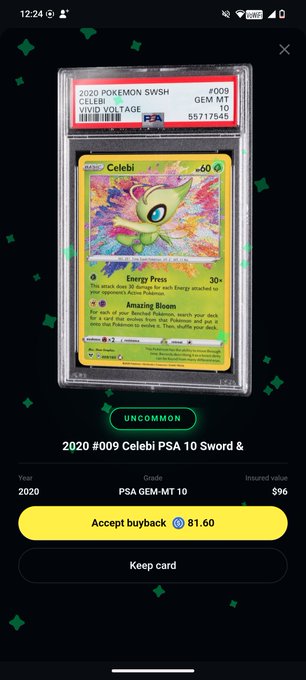 A PSA 10 graded 2020 Celebi Vivid Voltage Pokémon card is displayed with a buyback offer of 81.60 from an insured value of $96, reflecting the user's excitement about pulling a rare Gem Mint 10 card directly through their Solflare wallet.