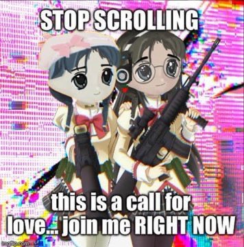 An anime-style image features two chibi characters holding weapons against a glitchy pink background, with text reading 'STOP SCROLLING' at the top and 'this is a call for love... join me RIGHT NOW' at the bottom.