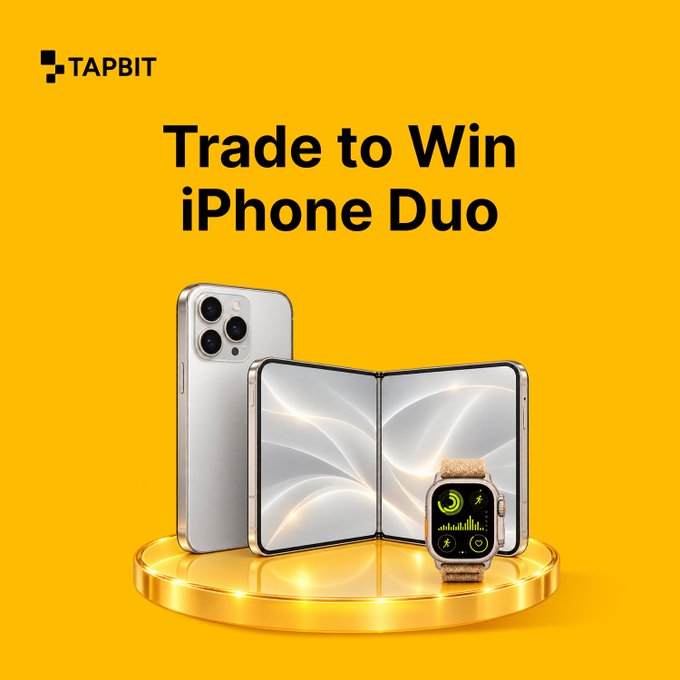 A yellow Tapbit advertisement shows an iPhone, a foldable phone, and an Apple Watch on a glowing display. Text reads “TAPBIT” and “Trade to Win iPhone Duo.”