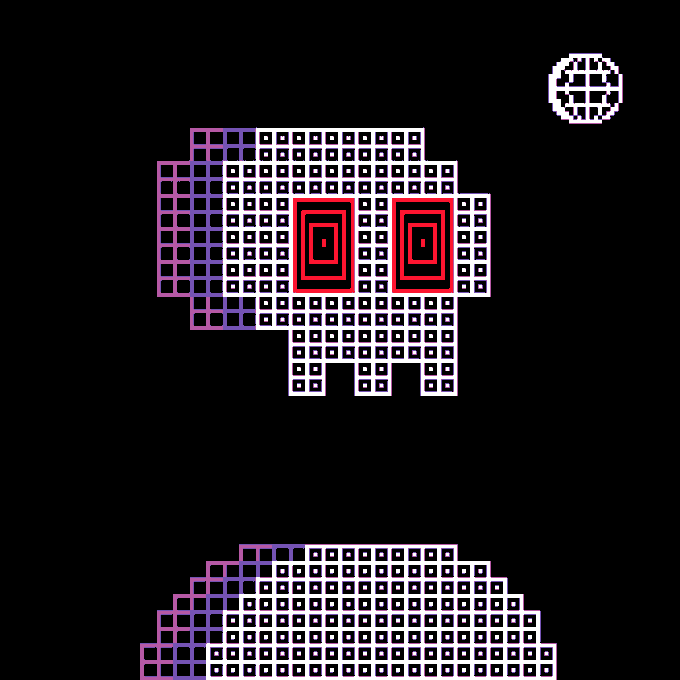 A pixel art image on a black background featuring a purple and white grid pattern resembling a Space Invader character with red rectangular eyes, and a small globe icon.