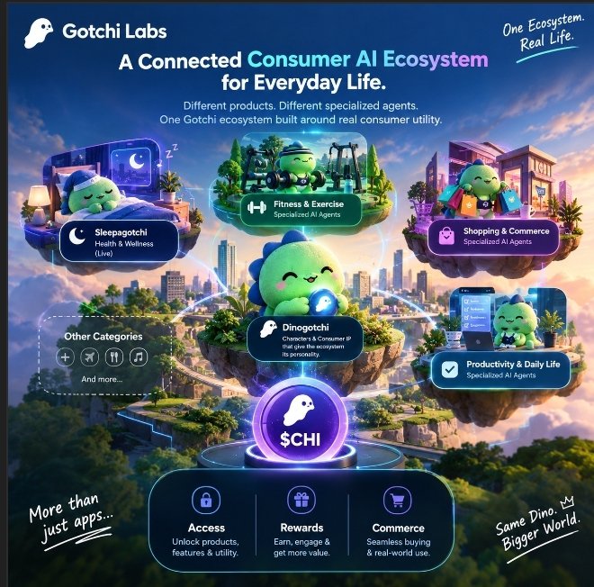 A promotional graphic for 'Gotchi Labs' describing 'A Connected Consumer AI Ecosystem for Everyday Life' with various specialized AI agents like Sleepagotchi, Fitness & Exercise, and Dinogotchi.