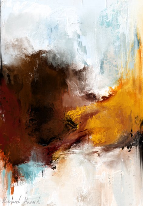 An abstract painting featuring textured brushstrokes in brown, orange, yellow, teal, and white, signed 'Bernard Hasard' in the bottom left corner.