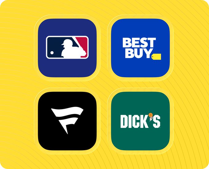 The image displays four rounded square icons on a yellow background featuring the logos of MLB, Best Buy, Fanatics, and Dick's Sporting Goods. These correspond to the boosted gift card merchants mentioned in the post, which encourages users to earn Bitcoin (stack sats) while shopping at these retailers during All-Star weekend.